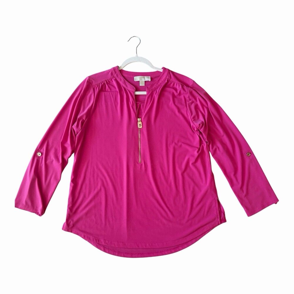 Michael Kors Women’s XL Magenta Pink Zip Front Blouse Roll Tab Sleeves